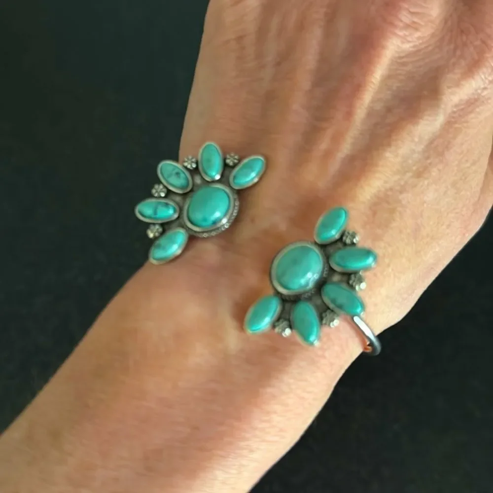 Men’s Cuff Bracelet – Turquoise Cluster – Silver Tone Western Style
